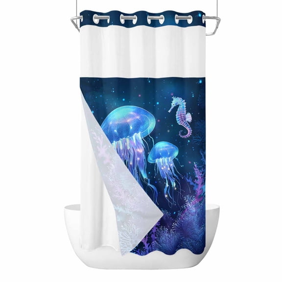 Purple Blue Jellyfish No Hook Shower Curtain with Snap in Liner, Waterproof Fabric Shower Curtains, Coastal Fancy Ocean Seahorse Coral Shower Curtain Set Top See Through for Bathroom 36"x78"