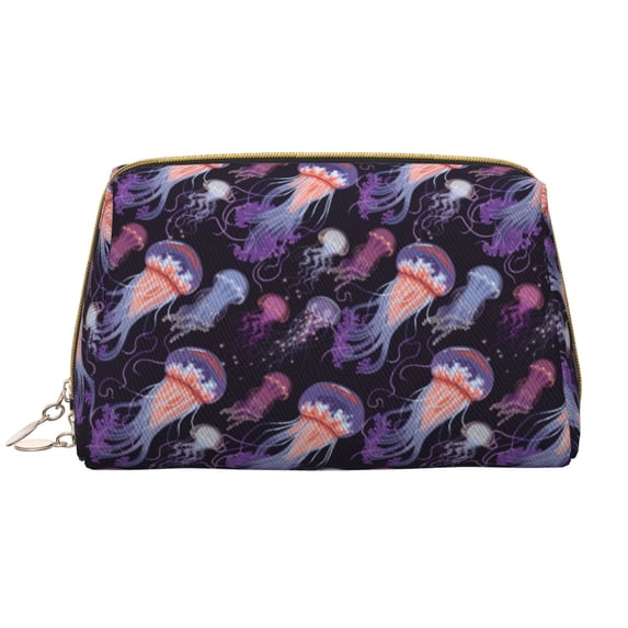 Purple Blue Jellyfish Print Makeup Bag, Large Capacity Travel Cosmetic Bag for Women Girls- Travel Toiletry Bag Leather Portable Waterproof Makeup Case Organizer with Handle