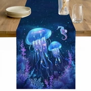 Purple Blue Jellyfish Table Runner - 36 Inch Long Coastal Fancy Ocean Seahorse Coral Cotton and Linen Blended Dress Scarves Farmhouse Table Runner for Kitchen Dining, Coffee Table, 13 x 36