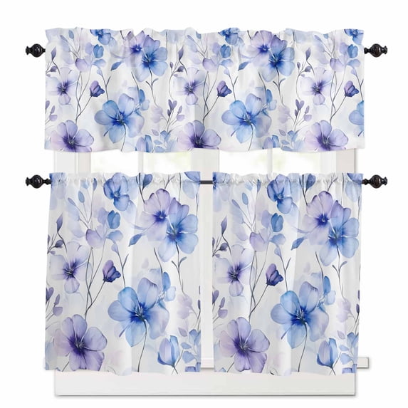 Purple Blue Kitchen Curtains and Valances Set, Gradient Flowers Pansy Watercolor Botanical Rod Pocket Window Valance 18 Inch Window Curtain Panels for Living Room Bedroom Laundry, 27.5x24in, 3 Pieces