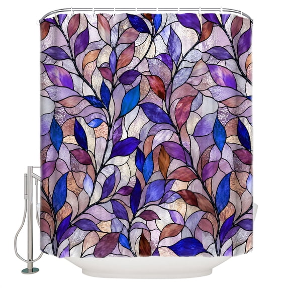 Purple Blue Leaves Bathroom Shower Curtains with 12 Hooks Polyester Waterproof Shower Curtain for Stalls and Bathtubs Stained Glass Botanical Leaf Branches Decorative Bathroom Curtain 36x78 Inches