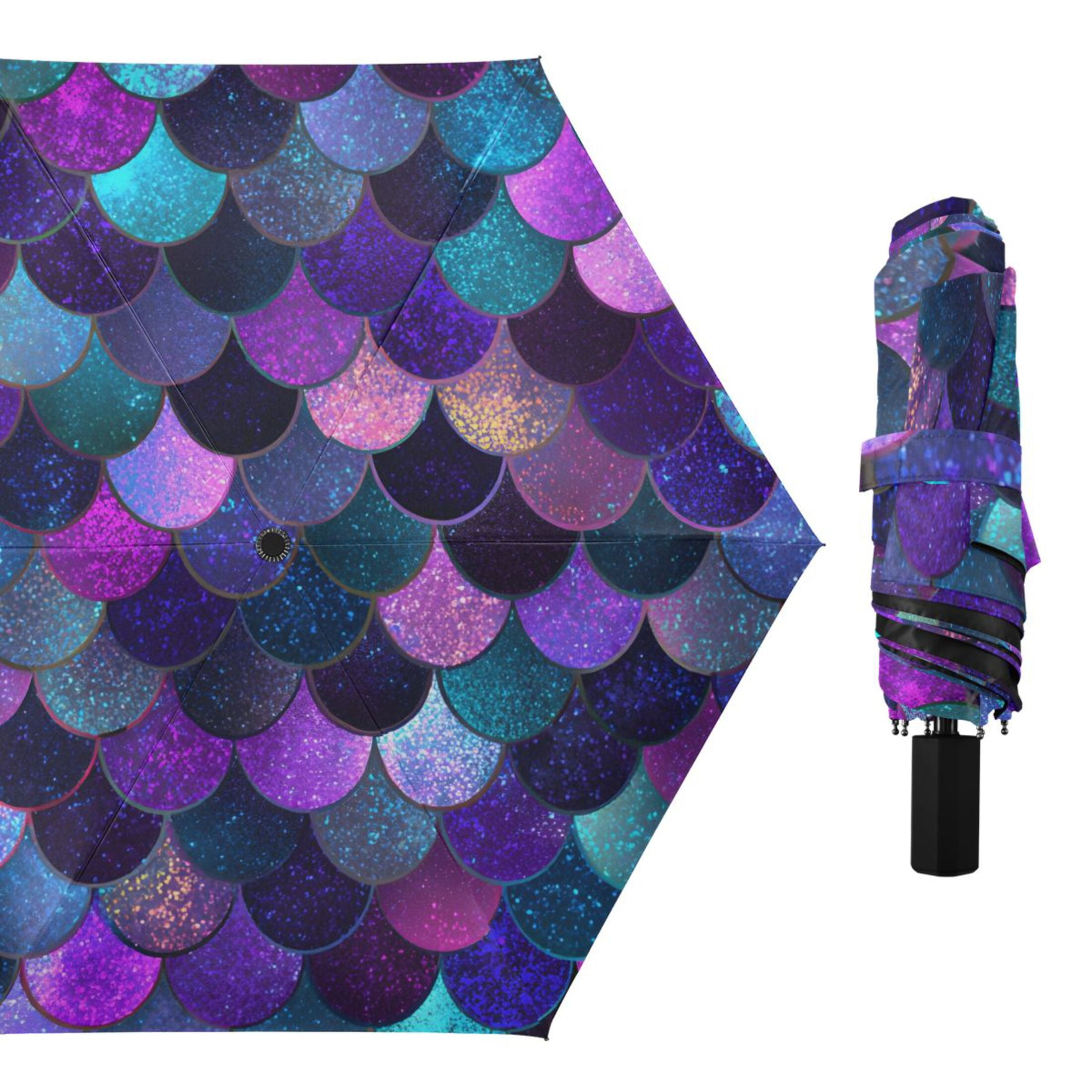Purple Blue Mermaid Scales All Weather Umbrella Triple Folding Parasol 6 Ribs UV Protection Portable