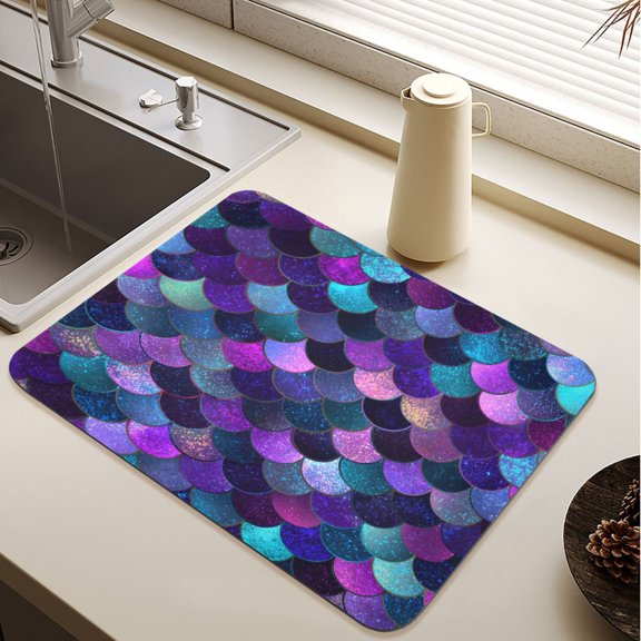 Purple Blue Mermaid Scales Diatomite Dish Drying Mat Drain Pad for Kitchen Sink Countertop 15.7" x 11.8"