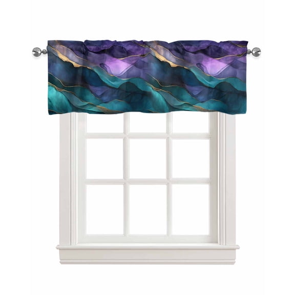 Purple Blue Ombre Kitchen Valances for Windows Farmhouse Linen Window Valance Curtain for Living Room Window Treatment Modern Luxury Abstract Marble Texture Valance Rod Pocket Topper, 42 x 12 Inch