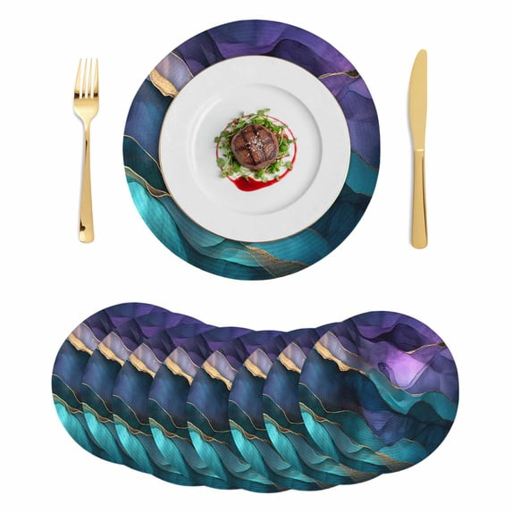 Purple Blue Ombre Round 13 Inch Placemats Set of 8, Modern Luxury Abstract Marble Texture HeatResistant Non Slip Place Mats for Dining Table, Wipeable Braided Kitchen Table Mats for Housewarming