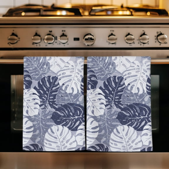 Purple Blue Palm Leaves Kitchen Towels Set of 4, Summer Tropical Botanical Farmhouse Absorbent Dish Towels for Kitchen, Microfiber Hand Towel, Quick Drying Tea Towel for Cleaning Dishcloths