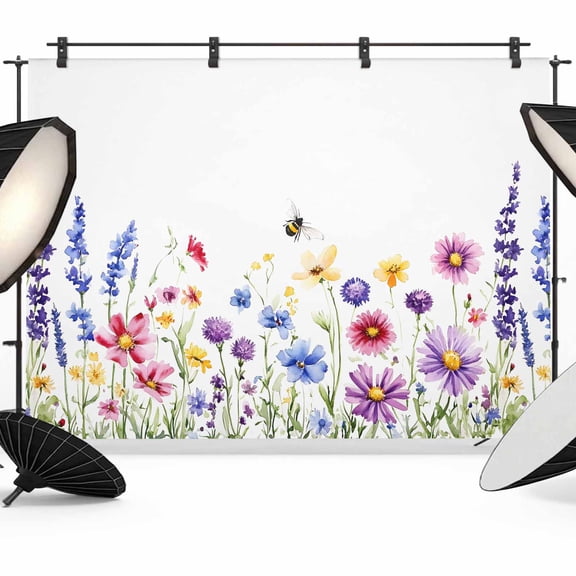 Purple Blue Pink Flower Backdrop for Photography, Watercolor Bee Plant Wildflower Photo Backdrop Portrait Background Party Banner Photo Backgrounds for Studio Booth Props, 7x5ft