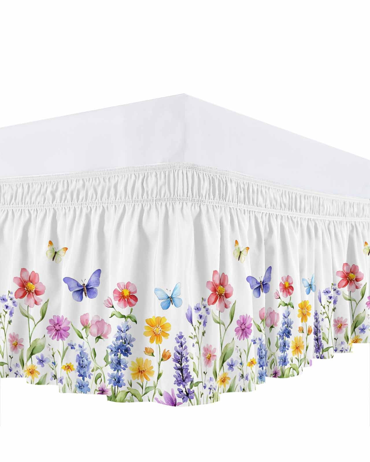 Purple Blue Pink Flower Bed Skirt Wildflower Butterfly Plant Bed Skirts Queen Size 16 Inch Drop, Wrap Around Dust Ruffle&nbsp;Bedskirt with Adjustable Elastic Belt for Queen Size Beds
