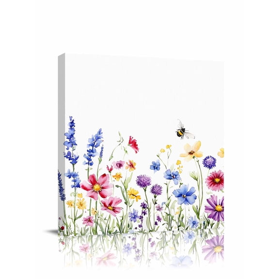 Purple Blue Pink Flower Canvas Wall Art, Watercolor Bee Plant Wildflower Framed Wall Decor Modern Artwork Prints Painting for Living Room, Bedroom, Kitchen & Cafe Decor 8x8 Inch