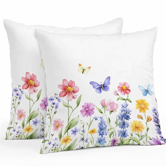Purple Blue Pink Flower Outdoor Pillow Covers Pack of 2 Wildflower Butterfly Plant Waterproof Throw Pillow Covers Decorative Cushion Cases for Patio Garden Tent Balcony Couch 18x18 inch