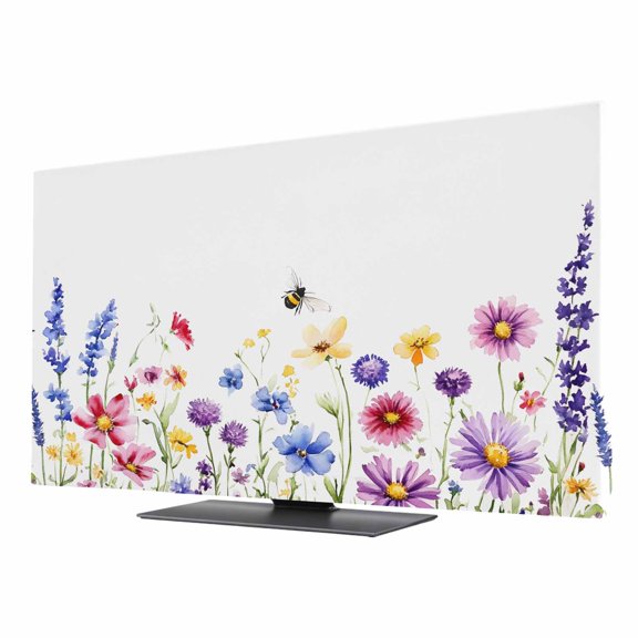 Purple Blue Pink Flower TV Dust Cover 85 Inch, Watercolor Bee Plant Wildflower Computer Monitor Cover Dustproof Stretchable Indoor TV Screen Protector for LED LCD Universal Monitors