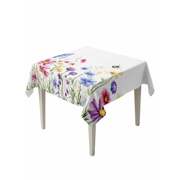 Purple Blue Pink Flower Table Cloth 54x54 Inch Square, Watercolor Bee Plant Wildflower Waterproof Tablecloth Washable Table Cover for Party Picnic Dinner Decor