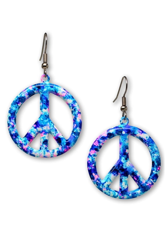 Purple Blue Pink on White Hippie Tie Dye Peace Sign Dangle Earrings by Real Metal #835TDP