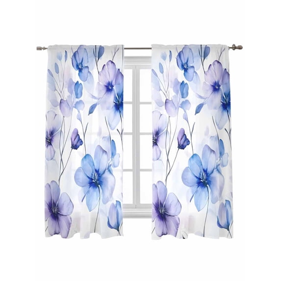 Purple Blue Spring Floral Curtains 63 Inch Length, Sheer Curtains for Bedroom Living Room Window Summer Flowers Botanical Rod Pocket Voile Drapes Kitchen Curtains Small Half Window 42"x63" 2 Panels