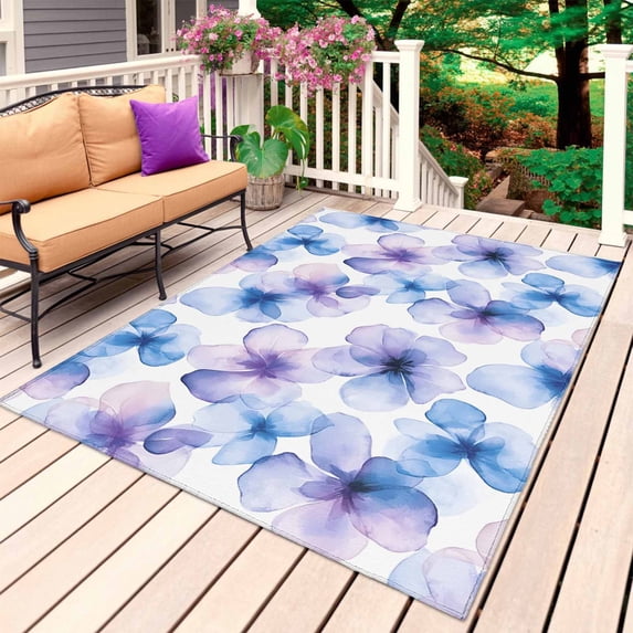 Purple Blue Spring Floral Outdoor Rug for Patio/Deck/Porch, Non-Slip Large Area Rug 5 x 7 Ft, Flowers Summer Botanical Indoor Outdoor Rugs Washable Area Rugs, Reversible Camping Rug Carpet Runner