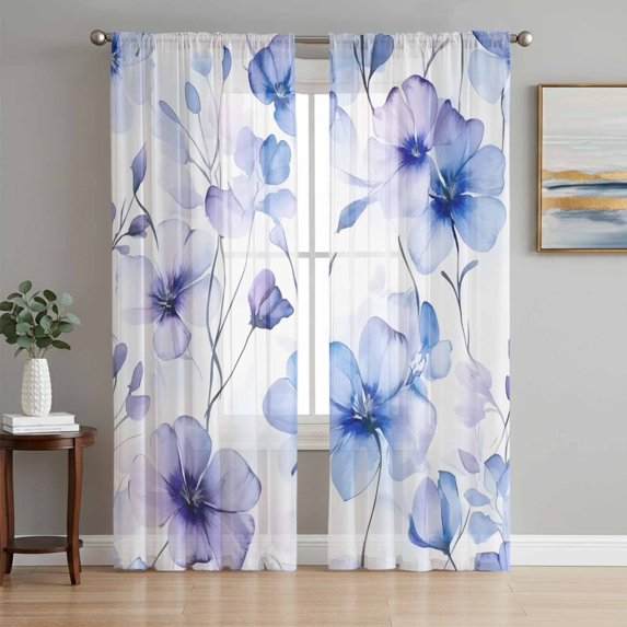 Purple Blue Spring Floral Sheer Curtains 63 Inch Length 2 Panels Set, Summer Flowers Botanical Voile Window Treatment Rod Pocket Curtains Sheers Drapes for Bedroom/Living Room/Kitchen 52x"63"x2