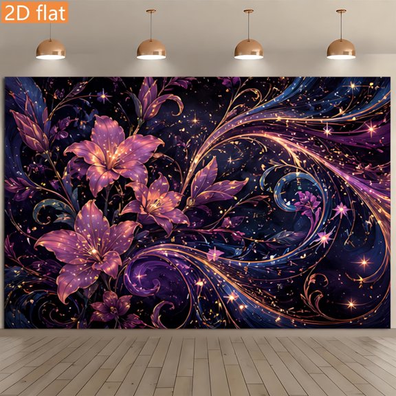 Purple and Blue Starlight Floral Vine Abstract Backdrop Blooming Flowers Vines Golden Light Spots Background Dreamy Artistic Decor Banner for Bedroom, Living Room