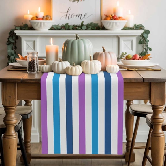 Purple Blue Stripes Cotton Linen Table Runner, Washable Table Runners for Kitchen, Dining Room, Holiday, Home Party Table Decor, 13x48 Inches