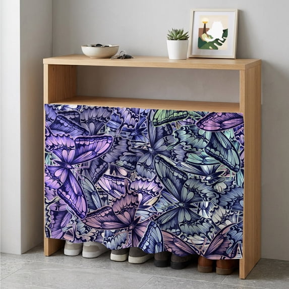 Purple Blue Teal Butterfly Cabinet Curtain 35"Wx35"L, Dustproof Under Sink Skirt with Self Adhesive Tape, Modern Abstract Art Cabinet Curtain Cover for Kitchen Sink, Bathroom Vanity, Laundry Room