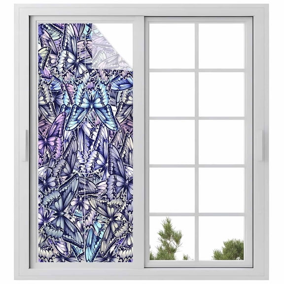 Purple Blue Teal Butterfly Window Privacy Film, Modern Abstract Art Static Cling UV Sun Blocking Heat Control Window Tint Day and Night, Non-Adhesive One Way Windows Privacy Cover 23.6''x59''