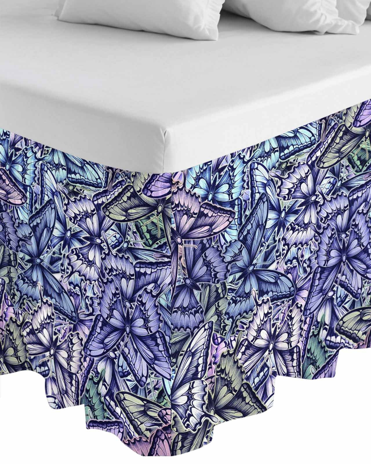 Purple Blue Teal Butterfly Wrap Around Bed Skirts for Queen Bed 16" Drop, Bed Skirt with Adjustable Elastic Belt Dust Ruffle Bed Valance for Bedroom Hotel Luxury Modern Abstract Art Bed Frame Cover