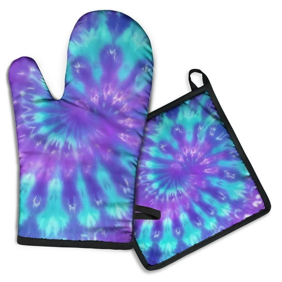 Purple Blue Tie Dye Pattern Kitchen Oven Mitt and Pot Holder Sets 2 Pcs for Baking, Cooking and Grilling, Heat Resistant Up To 392 °F