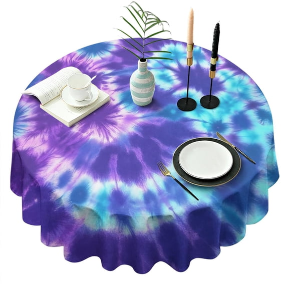 Purple Blue Tie Dye Pattern Round Tablecloth 60"x60",Wrinkle Wipeable Table Cloth for Kitchen Dining Room Picnic Patio Party