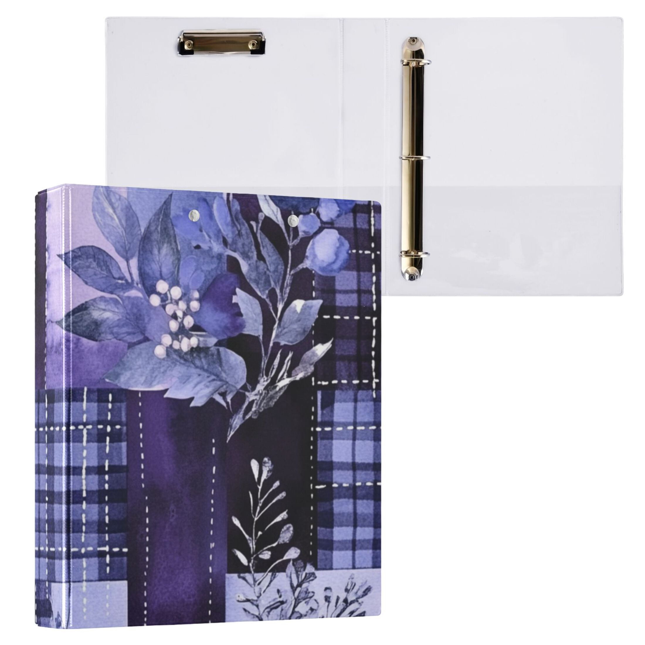 Purple Blue Winter Leaves 3 Ring Binders 1.5 inch Hardcover File Folders with Interior Pockets A4 Size Organizer for School Office Hospital