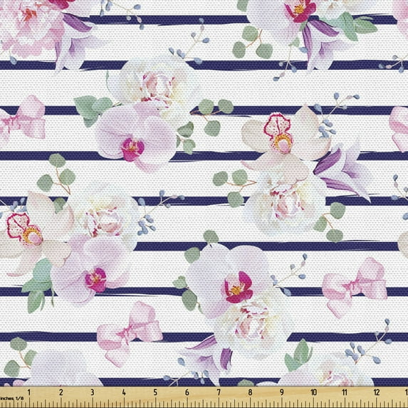 Purple and Blush Fabric by the Yard, Spring Bouquets Stripes Orchid Peony Bell Flowers Feminine, Decorative Upholstery Fabric for Chairs & Home Accents, 10 Yards, Purple Pink Reseda Green by Ambesonne