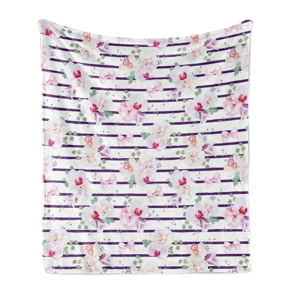 Purple and Blush Soft Flannel Fleece Blanket, Spring Bouquets Stripes Orchid Peony Bell Flowers Feminine, Cozy Plush for Indoor and Outdoor Use, 50" x 60", Purple Pink Reseda Green, by Ambesonne