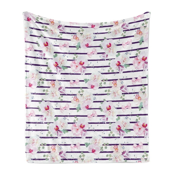 Purple and Blush Soft Flannel Fleece Blanket, Spring Bouquets Stripes Orchid Peony Bell Flowers Feminine, Cozy Plush for Indoor and Outdoor Use, 60" x 80", Purple Pink Reseda Green, by Ambesonne