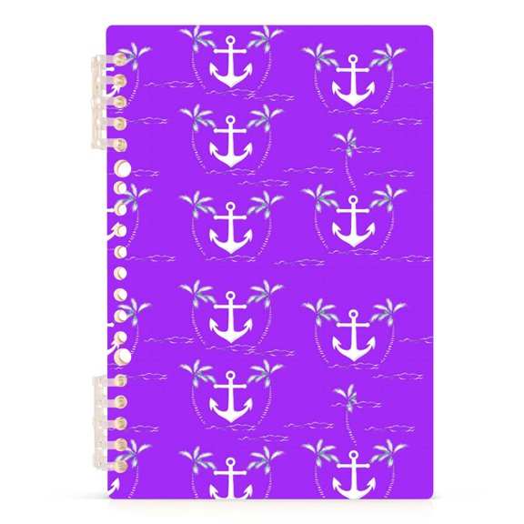 Purple Boat Anchors Pattern A5 Notebook Refillable 60 Sheets Detachable Ring Binder PP Cover Journal