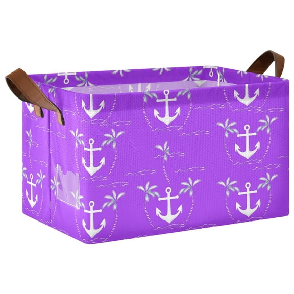 Purple Boat Anchors Pattern Collapsible Storage Bin Open Home Shelf Basket Water-Resistant Iron Frame Large