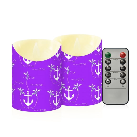 Purple Boat Anchors Pattern Flameless Candles 2 PCS with Remote Realistic Moving Flame LED Tapered Pillar Set for Home Decor