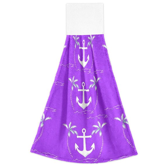 Purple Boat Anchors Pattern Hand Towels 2 Pack Quick Dry Velvet Soft with Velcro Kitchen Bath 14x18in