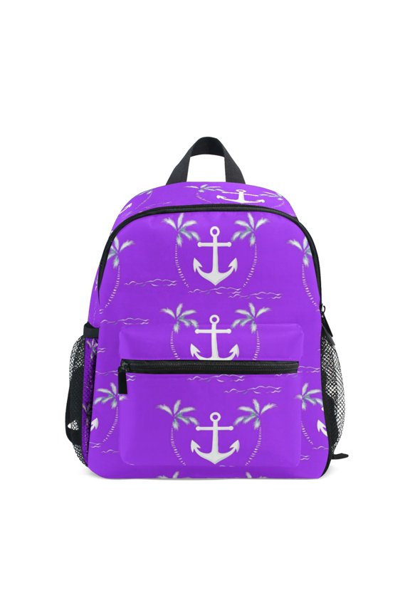 Purple Boat Anchors Pattern Mini Backpack Cute Small Backpack with Chest Strap and Whistle Ages 3-8