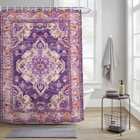 Purple Bohemia Turkish Pattern Fabric Shower Curtain for Bathroom Retro Ethnic Style Waterproof Polyester Bath Curtain with 12 Hooks Washable Shower Curtain with Grommets 48"x72"
