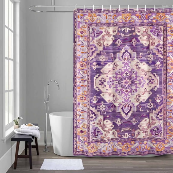 Purple Bohemia Turkish Pattern Shower Curtain for Bathroom Decor, Retro Ethnic Style Waterproof Fabric Shower Curtain, 72"x96" Set with 12 Hooks