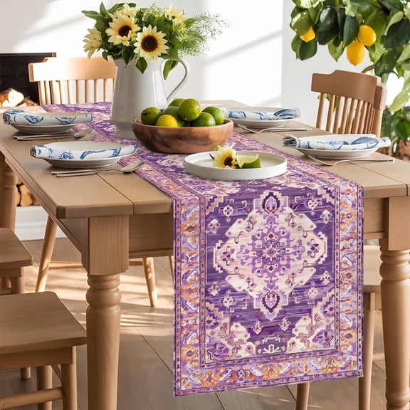 Purple Bohemia Turkish Pattern Table Runner, Retro Ethnic Style Washable Kitchen Table Runners Dress Scarves for Dining Table Decorations Party/Restaurant/Indoor Outdoor Use, 13x36in