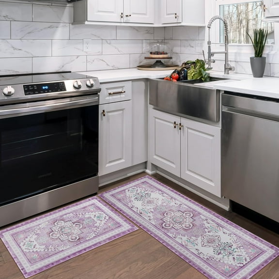 Purple Bohemian Boho Kitchen Mats for Floor, White Lavender Kitchen Rugs Set of 2 Carpet Area Rug,Floral Vintage Farmhouse Purple Boho Kitchen Decor and Accessories Stuff,17x30 and 17x47 Inch