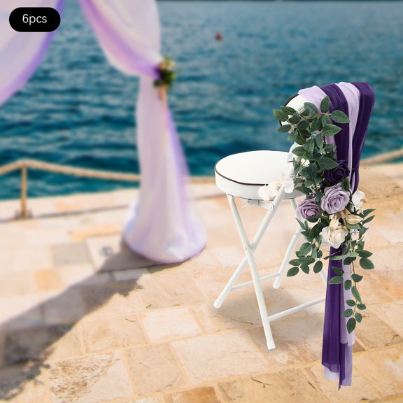 Purple Bohemian Chair Decor Kit, 23.6in Rose Bouquets with Ribbons, Washable Fabric for Wedding Party