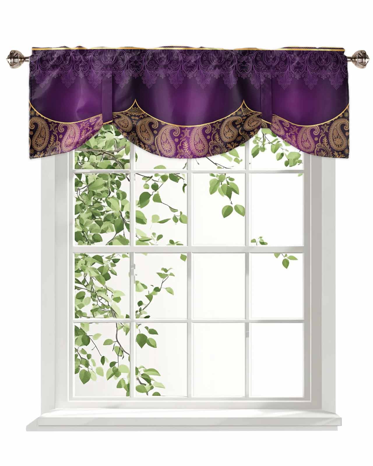 Purple Bohemian Floral Tie Up Valances Curtain, Flower Pattern Vintage Luxurious Kitchen Valances for Windows Decor, Rod Pocket Short Curtains Set for Bedroom/Bathroom, 60"x18"