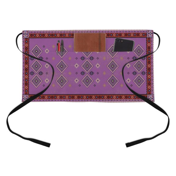 Purple Bohemian Kitchen Restaurant Half Waist Apron, Vintage Ethnic Tribe Abstract Retro Geometric Server Short Apron with 3 Pockets Waterproof Oil Waist Aprons for Women Waitress Waiter