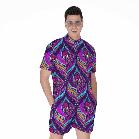 Purple Bohemian Peacock Feather Short Sleeve Men'S Rompers Casual Summer Jumpsuits Outfit