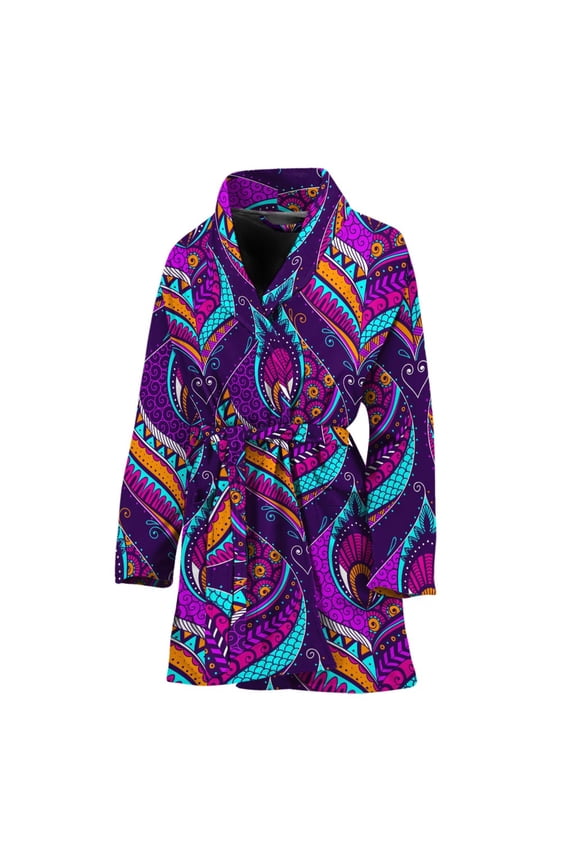Purple Bohemian Peacock Feather Women Bathrobe One Size Univeral Fits Fashion Lightweight Plush Fleece Long Robe For Women