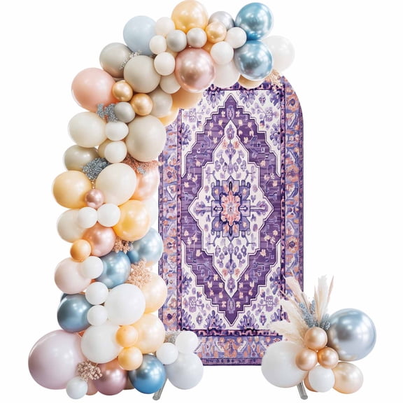 Purple Boho Arch Backdrop Cover 6Ft, Wedding Arch Covers Stretchy Backdrop, Ethnic Geometric Middle Century Art Fitted 2 Sided Arched Photo Background for Birthday Party Decorations