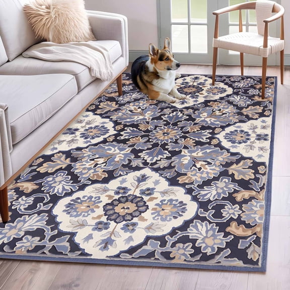 Purple Boho Area Rug 3x5 Washable Rug Non Slip Farmhouse Vintage Ethnic Flowers Pattern Large Area Rug Indoor Floor Carpet for Entryway Bedroom Kitchen Living Room Home Office Dining Room Nursery