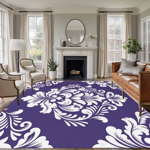 Purple Boho Area Rugs 8'x10', Washable Small Throw Rugs for Living Room Patio, Vintage Classic Bohemia Flower Textured Indoor Outdoor Rug Non-Slip Low Pile Carpet Runner Reversible Floor Mats
