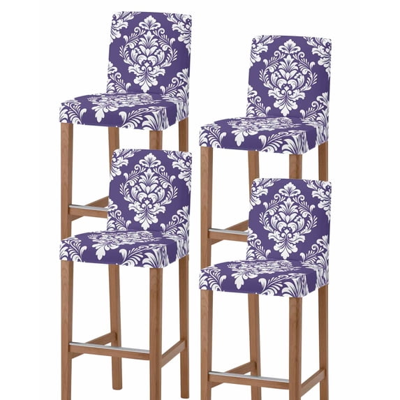 Purple Boho Bar Stool Covers Set of 4, Vintage Classic Bohemia Flower Textured Stretch Washable Bar Chair Covers with Backs, Removable Pub Counter Height Chair Cover for Kitchen Dining Room Cafe