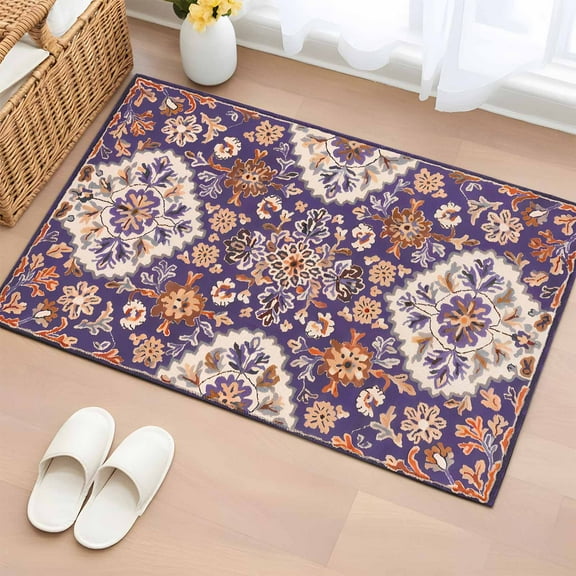 Purple Boho Bathroom Rug Washable 2x3 Entryway Rug Non Slip Country Retro Tribal Southwest Pattern Front Door Mat Low Pile Indoor Doormat Throw Floor Carpet for Kitchen Bedroom Entrance